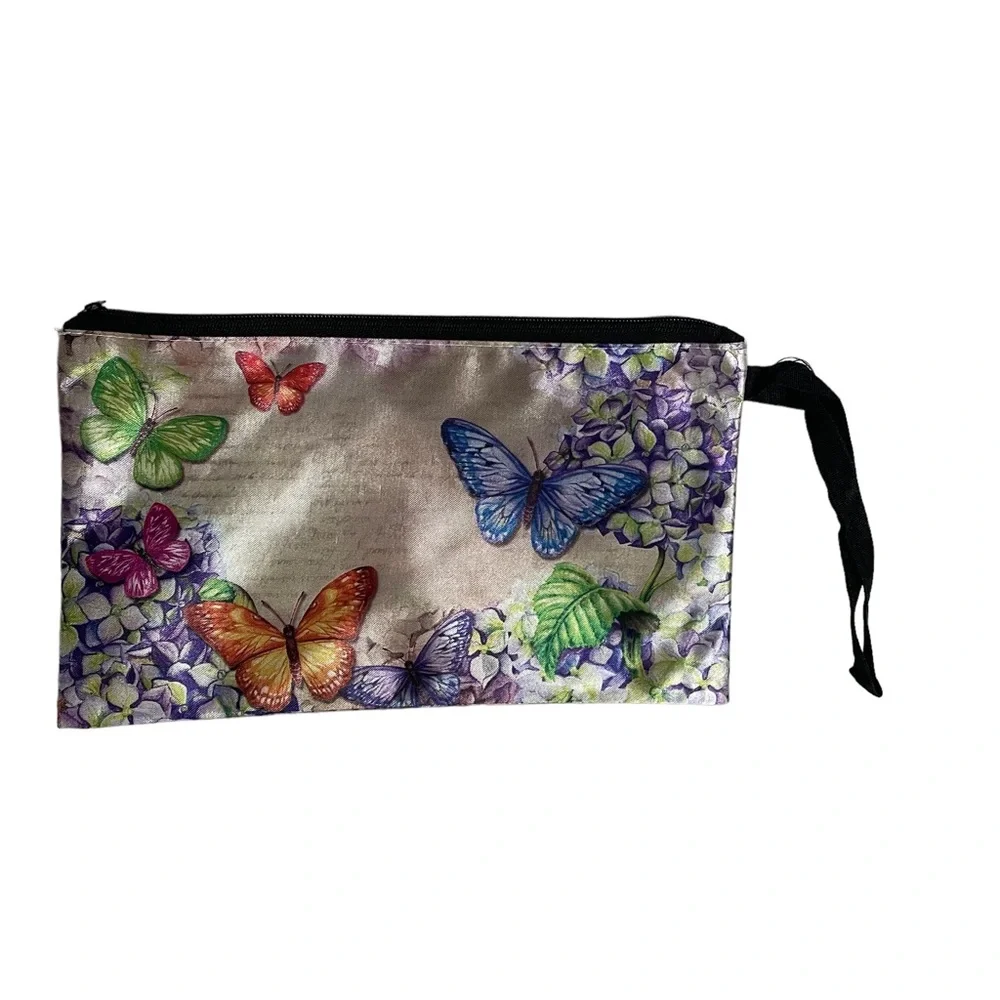 Makeup Cosmetics Bag Pouch Wristlet Butterflies and Hydrangeas Print 8.75